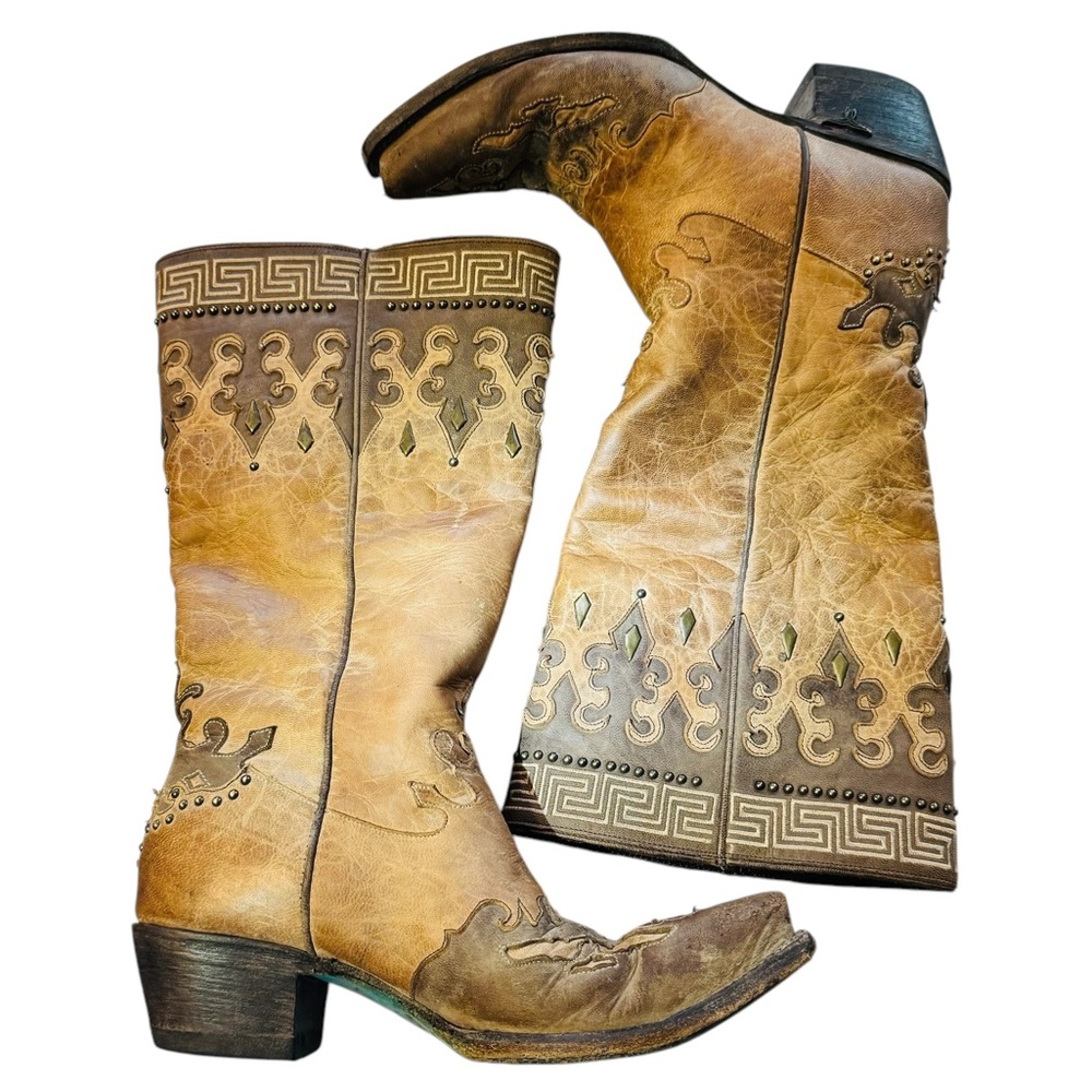 LANE Women's Tall Western Boots Inlay Distressed Studs size 7.5